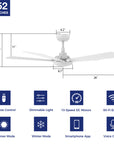 This Wilkes 52'' smart ceiling fan keeps your space cool, bright, and stylish. It is a soft modern masterpiece perfect for your large indoor living spaces. This Wifi smart ceiling fan is a simplicity designing with White finish, use elegant Plywood blades, Glass shade and has an integrated 4000K LED cool light. The fan features Remote control, Wi-Fi apps, Siri Shortcut and Voice control technology (compatible with Amazon Alexa and Google Home Assistant ) to set fan preferences.