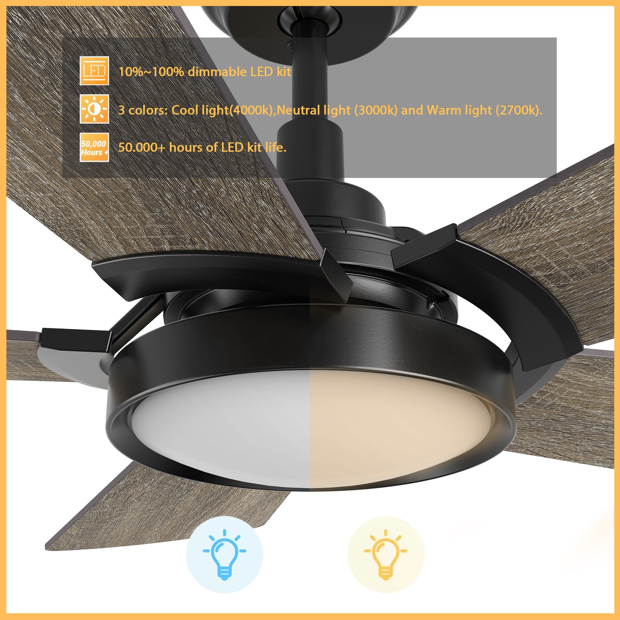 This Wilkes 52'' smart ceiling fan keeps your space cool, bright, and stylish. It is a soft modern masterpiece perfect for your large indoor living spaces. This Wifi smart ceiling fan is a simplicity designing with Black finish, use elegant Plywood blades, Glass shade and has an integrated 4000K LED cool light. The fan features Remote control, Wi-Fi apps, Siri Shortcut and Voice control technology (compatible with Amazon Alexa and Google Home Assistant ) to set fan preferences.#color_wood