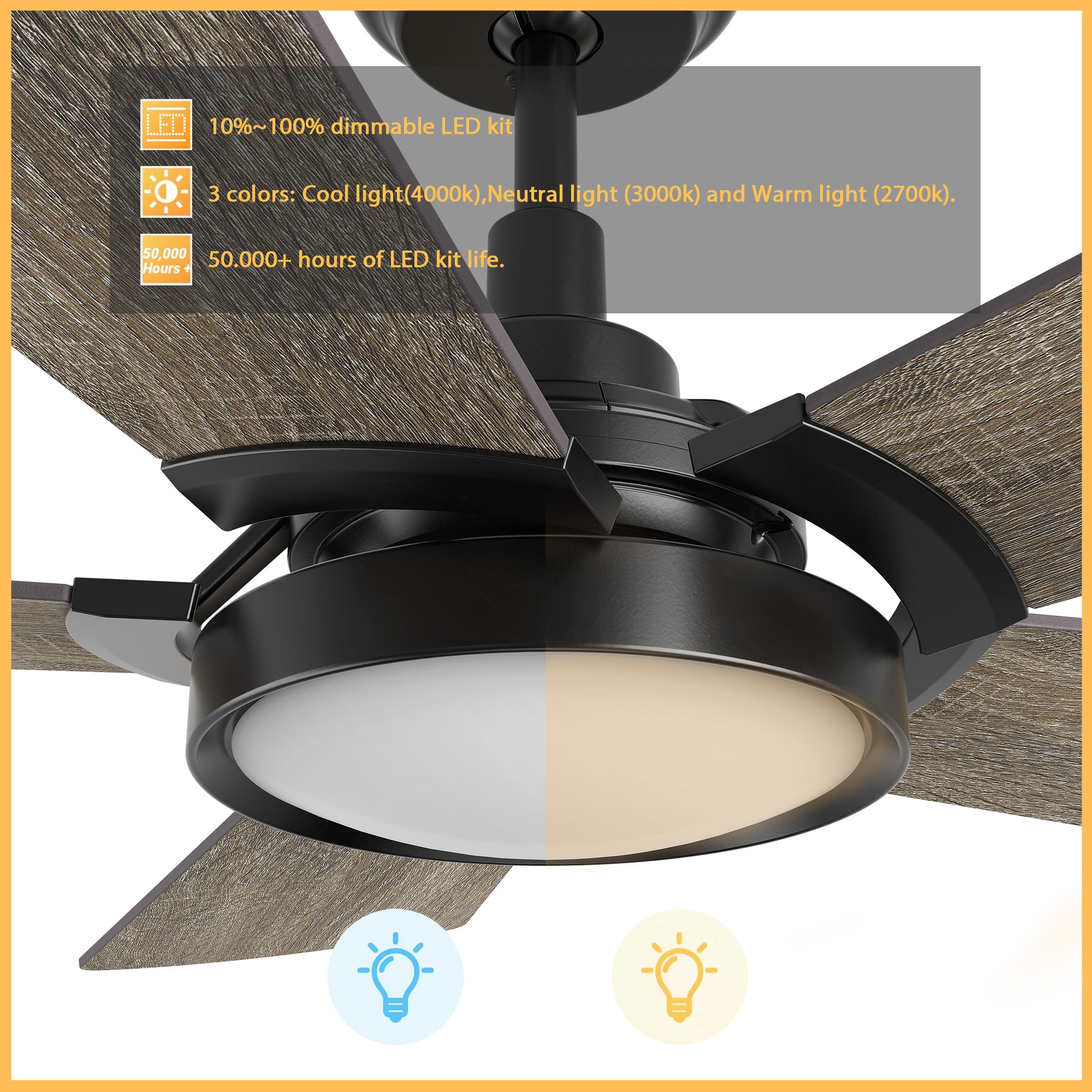 This Wilkes 52&#39;&#39; smart ceiling fan keeps your space cool, bright, and stylish. It is a soft modern masterpiece perfect for your large indoor living spaces. This Wifi smart ceiling fan is a simplicity designing with Black finish, use elegant Plywood blades, Glass shade and has an integrated 4000K LED cool light. The fan features Remote control, Wi-Fi apps, Siri Shortcut and Voice control technology (compatible with Amazon Alexa and Google Home Assistant ) to set fan preferences.