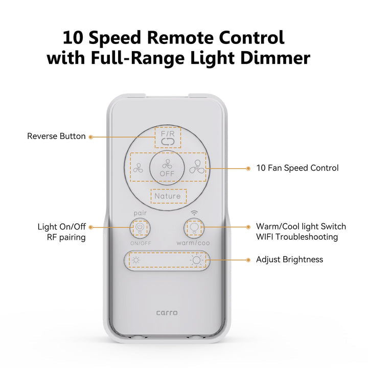 Advanced Smart Functions: The Sonoma helps you automate your home’s cooling and lighting for effortless living with smart features, like a schedule, timer, Sleep mode, and Nature mode. Convenient Control Options: Select your preferred method of controlling the Sonoma; use the remote control, voice control (when linked to Siri Shortcuts, Google Assistant, or Amazon Alexa), or smartphone control (when connected to the Carro Home App) to adjust your fan settings.