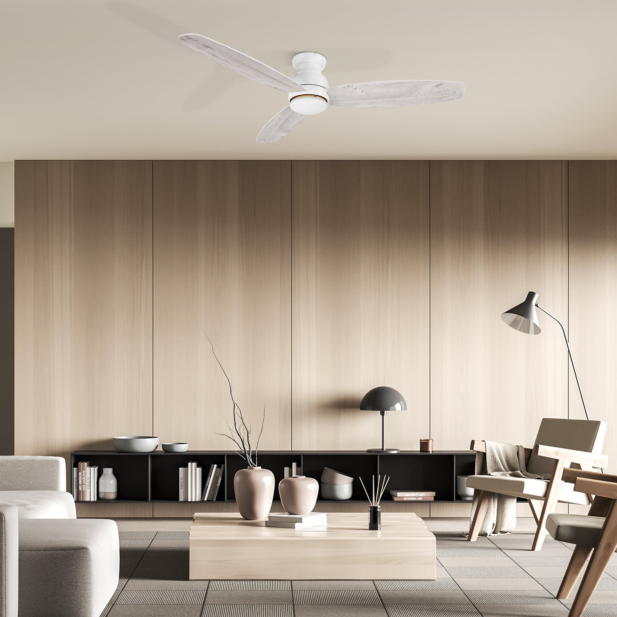 Create the home environment of your dreams with the versatile and powerful Arran 44 /48 /60 inches modern ceiling fan with lights! On the inside, The remote control ceiling fan features advanced motor and lighting technology for energy efficiency and precise control. On the outside, the Arran low profile ceiling fan features a sleek silhouette, elegant blades, and a timeless black or white finish for the ideal fit in any home interior! #color_white-light-wood