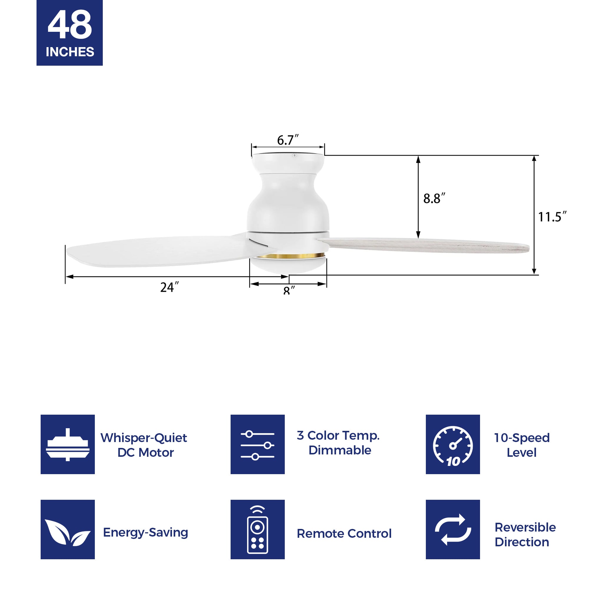 White flush mounting modern ceiling fan with wood tone blades, featuring with remote control, 10-speed adjustable & reversible dc motor, dimmable light. Hight-performance and energy efficient. #color_white-light-wood