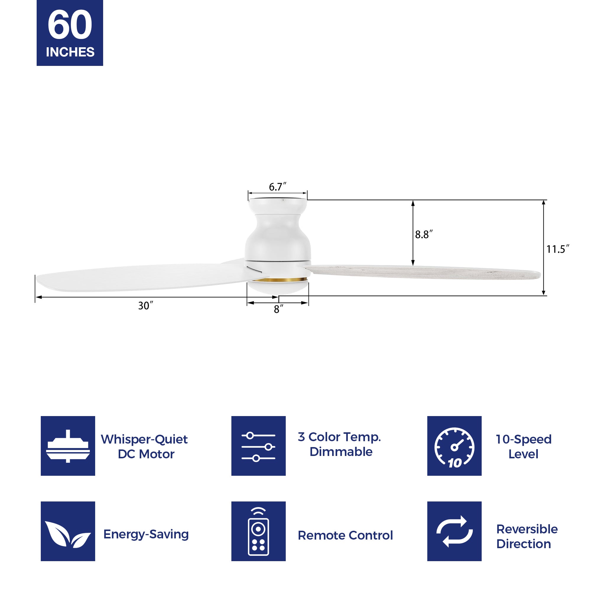 Create the home environment of your dreams with the versatile and powerful Arran 44 /48 /60 inches modern ceiling fan with lights! On the inside, The remote control ceiling fan features advanced motor and lighting technology for energy efficiency and precise control. On the outside, the Arran low profile ceiling fan features a sleek silhouette, elegant blades, and a timeless black or white finish for the ideal fit in any home interior! #color_white-light-wood