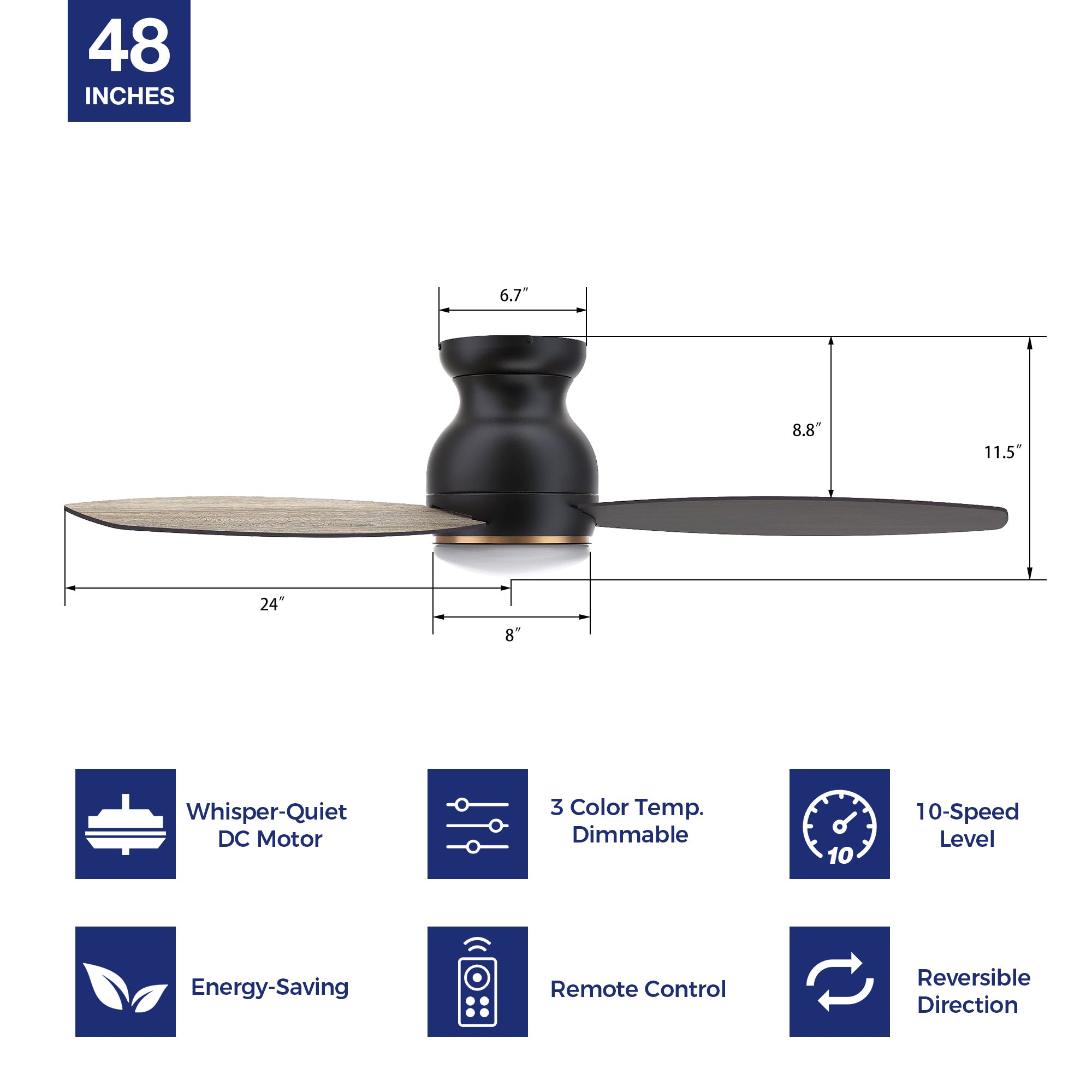 Black flush mounting modern ceiling fan with wood tone blades, featuring with remote control, 10-speed adjustable & reversible dc motor, dimmable light. Hight-performance and energy efficient. #color_wood