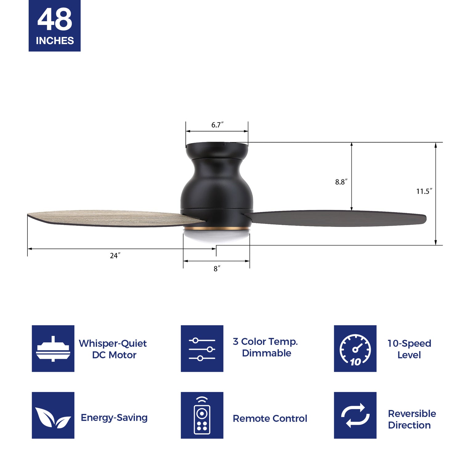 Black flush mounting modern ceiling fan with wood tone blades, featuring with remote control, 10-speed adjustable &amp; reversible dc motor, dimmable light. Hight-performance and energy efficient. 