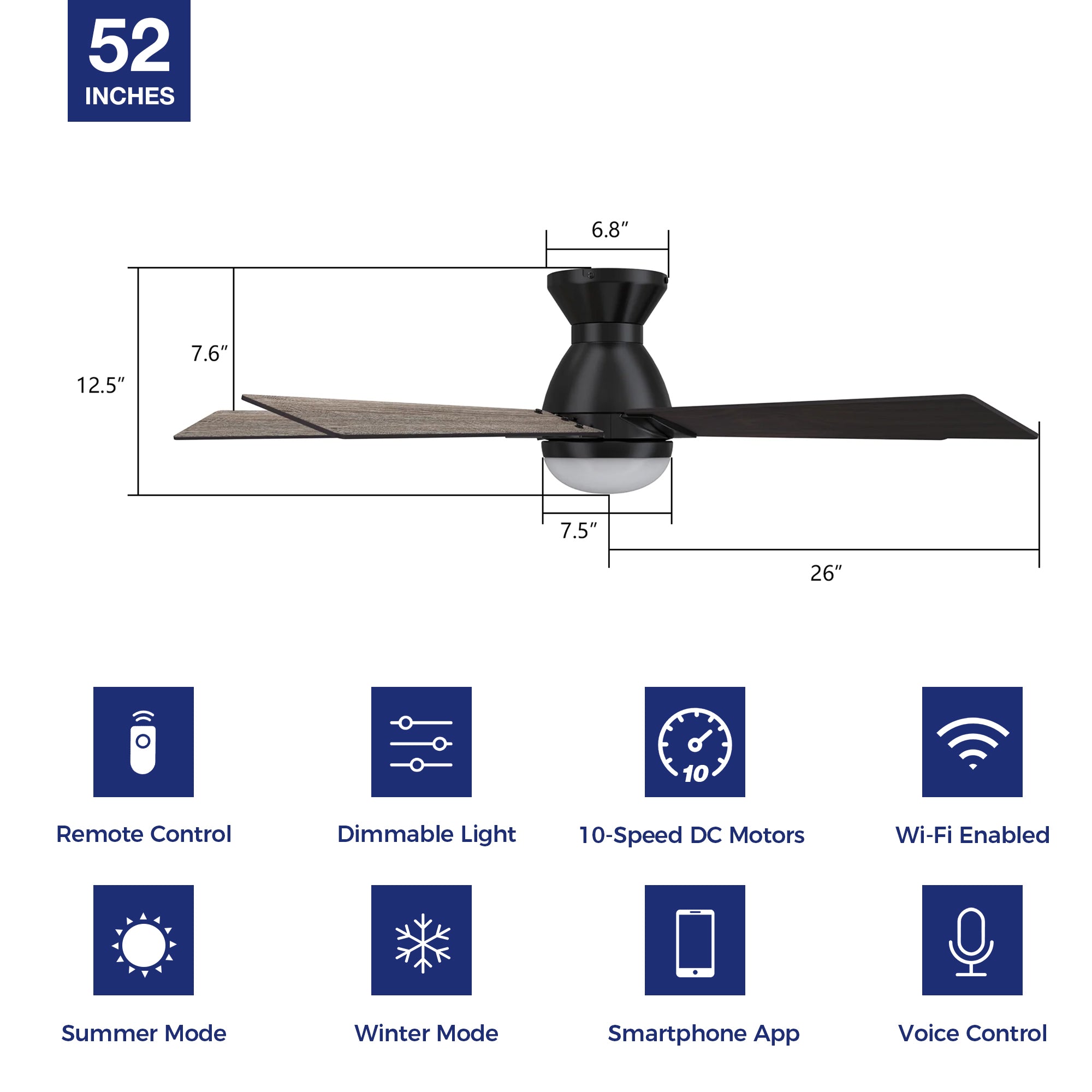 This Aspen 52&#39;&#39; flush mount smart ceiling fan keeps your space cool, bright, and stylish. It is a soft modern masterpiece perfect for your large indoor living spaces. This Wifi smart ceiling fan is a simplicity designing with Black finish, use elegant Plywood blades and has an integrated 4000K LED daylight. 