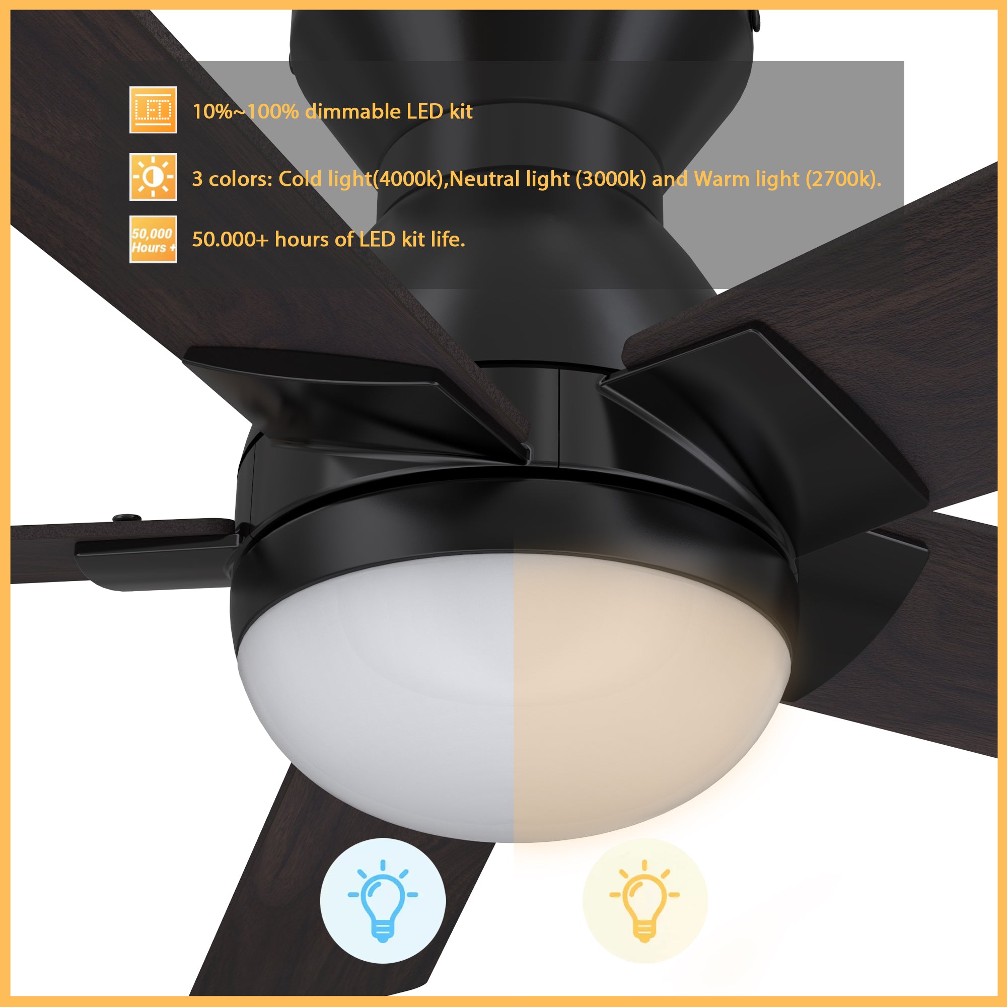 This Aspen 52&#39;&#39; flush mount smart ceiling fan keeps your space cool, bright, and stylish. It is a soft modern masterpiece perfect for your large indoor living spaces. This Wifi smart ceiling fan is a simplicity designing with Black finish, use elegant Plywood blades and has an integrated 4000K LED daylight. 