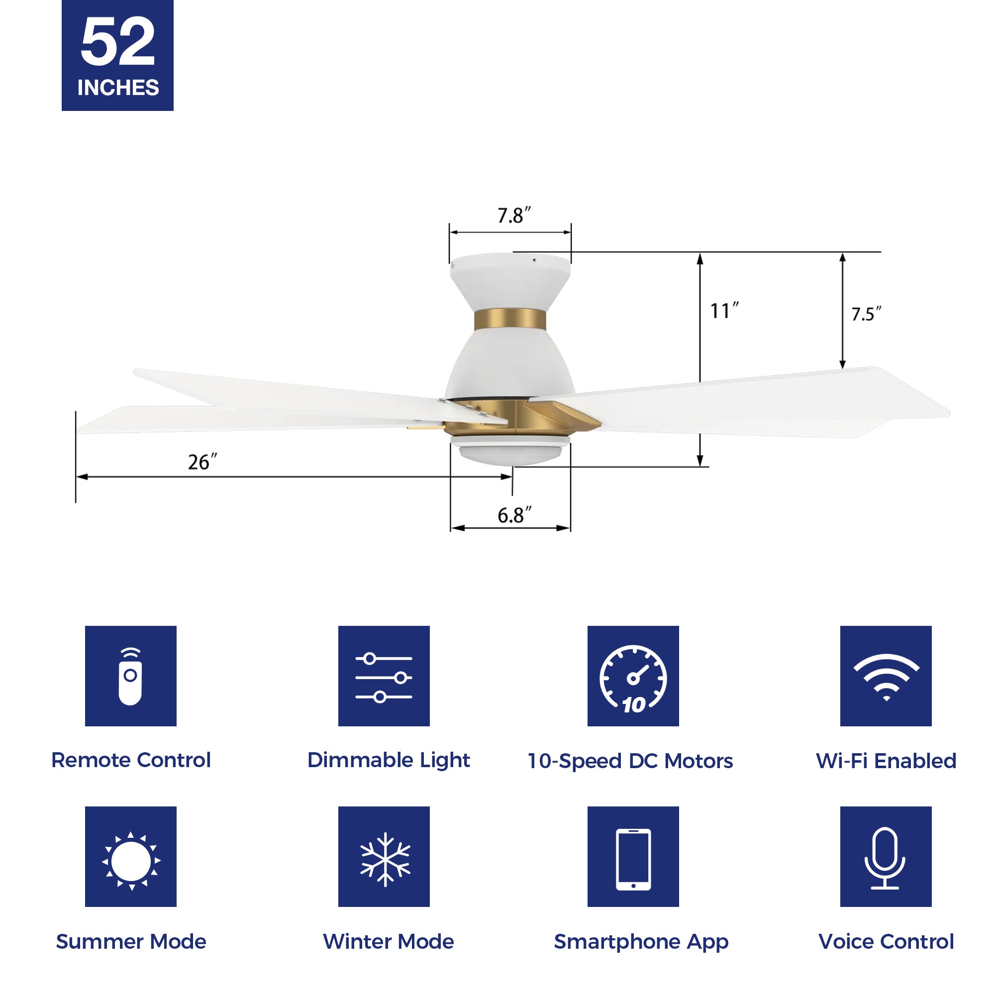 This Aspen 52&#39;&#39; flush mount smart ceiling fan keeps your space cool, bright, and stylish. It is a soft modern masterpiece perfect for your large indoor living spaces. This Wifi smart ceiling fan is a simplicity designing with Black finish, use elegant Plywood blades and has an integrated 4000K LED daylight. The fan features Remote control, Wi-Fi apps, Siri Shortcut and Voice control technology (compatible with Amazon Alexa and Google Home Assistant ) to set fan preferences. 