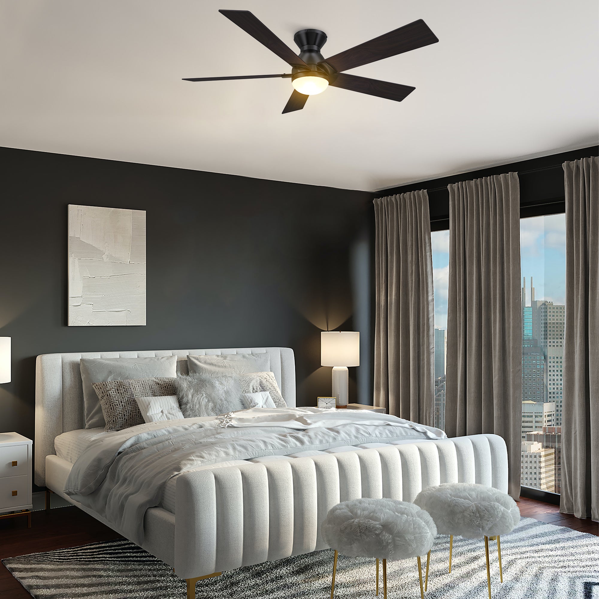 This Aspen 52&#39;&#39; flush mount smart ceiling fan keeps your space cool, bright, and stylish. It is a soft modern masterpiece perfect for your large indoor living spaces. This Wifi smart ceiling fan is a simplicity designing with Black finish, use elegant Plywood blades and has an integrated 4000K LED daylight. 