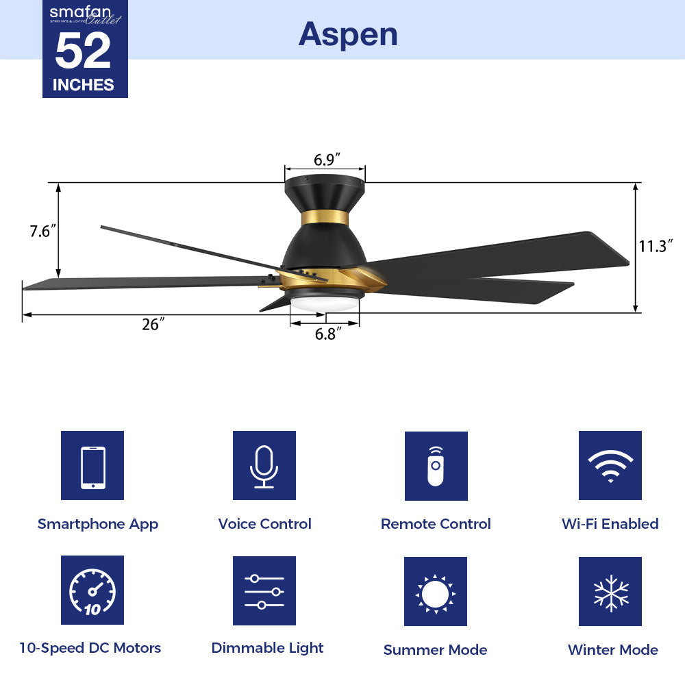 The Aspen flush mount fan features Remote control, Wi-Fi apps, Siri Shortcut and Voice control technology (compatible with Amazon Alexa and Google Home Assistant ) to set fan preferences. 