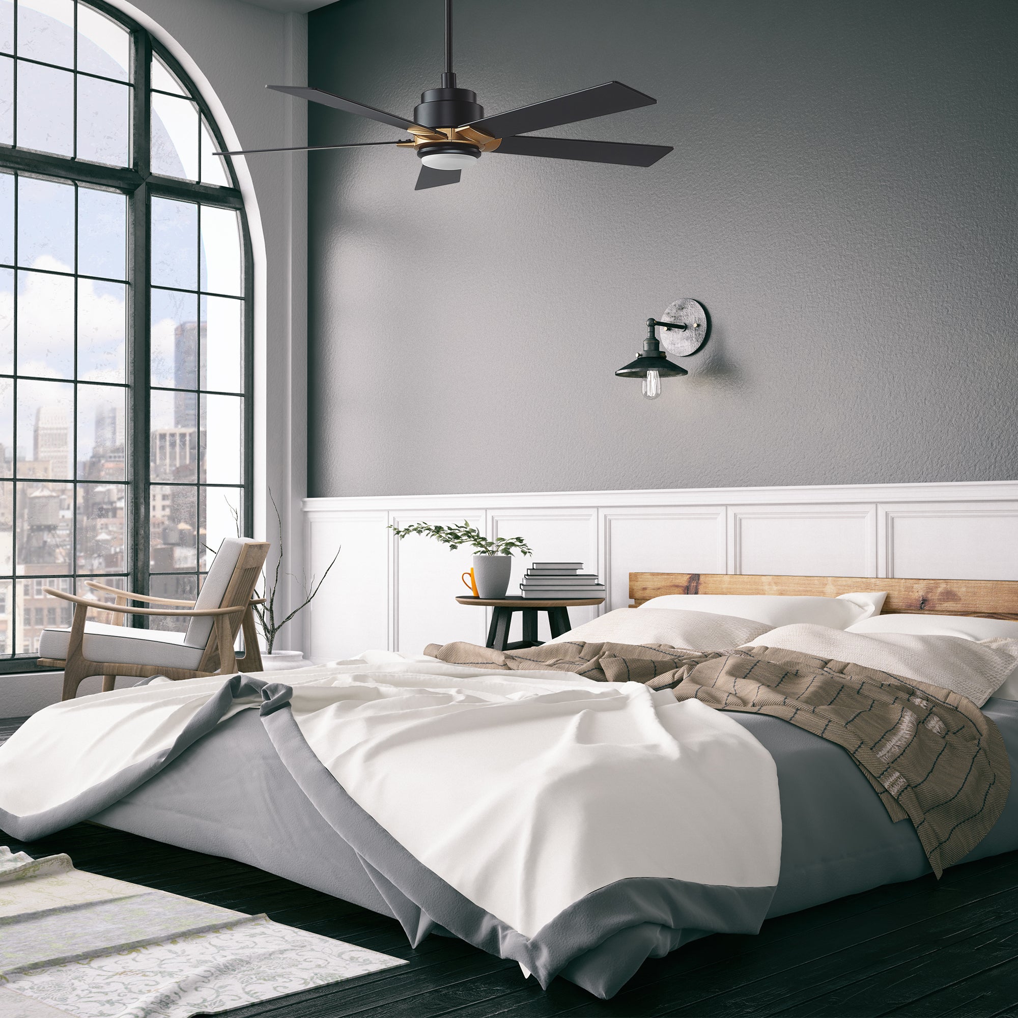 Carro ASPEN outdoor ceiling fan, downrod mount design, have 5 black fan blades, installed in a modern bedroom. 