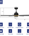 This Aspen 52'' smart ceiling fan keeps your space cool, bright, and stylish. It is a soft modern masterpiece perfect for your large indoor living spaces. This Wifi smart ceiling fan is a simplicity designing with Black finish, use elegant Plywood blades and has an integrated 4000K LED daylight. The fan features Remote control, Wi-Fi apps, Siri Shortcut and Voice control technology (compatible with Amazon Alexa and Google Home Assistant ) to set fan preferences. 