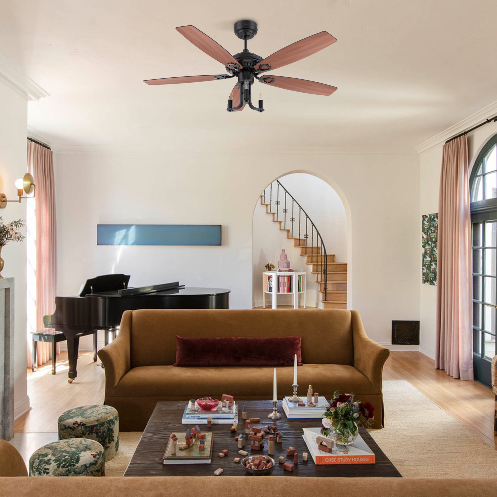 This Bryson 52''ceiling fan keeps your space cool, bright, and stylish. It is a soft modern masterpiece perfect for your large indoor living spaces. This ceiling fan is a simplicity designing with black finish, use elegant Plywood blades and compatible with LED bulb(Not included). The fan features remote control. #color_carmael-wood