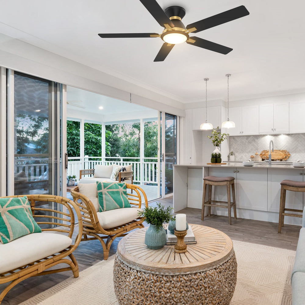 Sophistication, silence, and speed come together to create the revolutionary Byrness 52/60 inches modern ceiling fan. Equipped with the latest motor and lighting technology and designed to meet the latest design trends, the black and gold ceiling fan delivers the perfect amount of comfort and style to any space. Select from the bold black ceiling fan, ideal for eclectic rooms, or the simple white finish to complement any space with minimalist decor. 