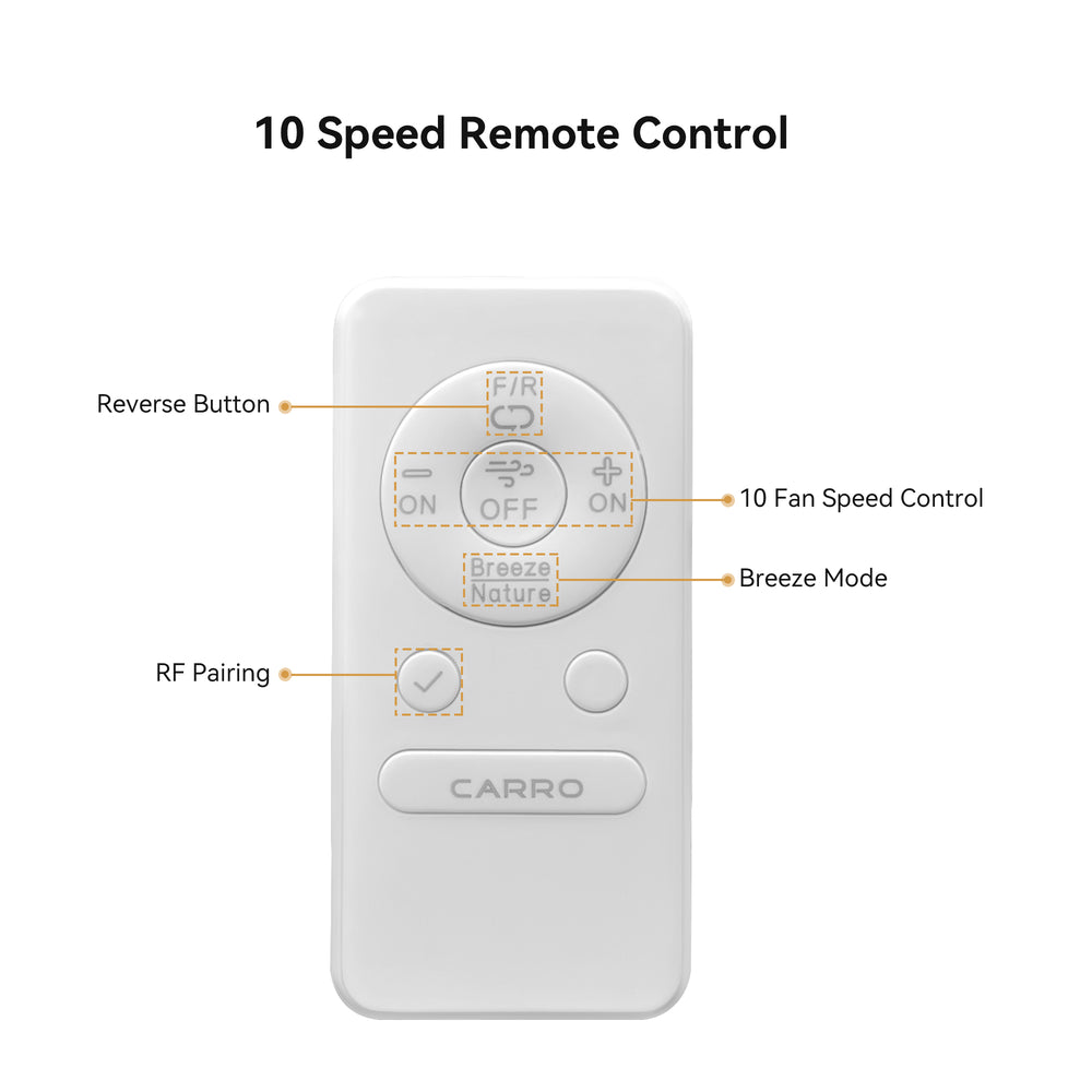 Designed for ceiling fans without lights, the remote features buttons for fan speed, direction, natural wind mode, and warm/cool adjustment. It highlights a 10-speed DC motor, with a sleek, intuitive design for easy operation.