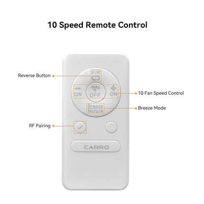 Designed for ceiling fans without lights, the remote features buttons for fan speed, direction, natural wind mode, and warm/cool adjustment. It highlights a 10-speed DC motor, with a sleek, intuitive design for easy operation.