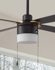 Smafan Carro Alrich 52 inch ceiling fan with pull chain, with 4 medium density fiberboard fan blades, downrod mounted in a modern bedroom. 