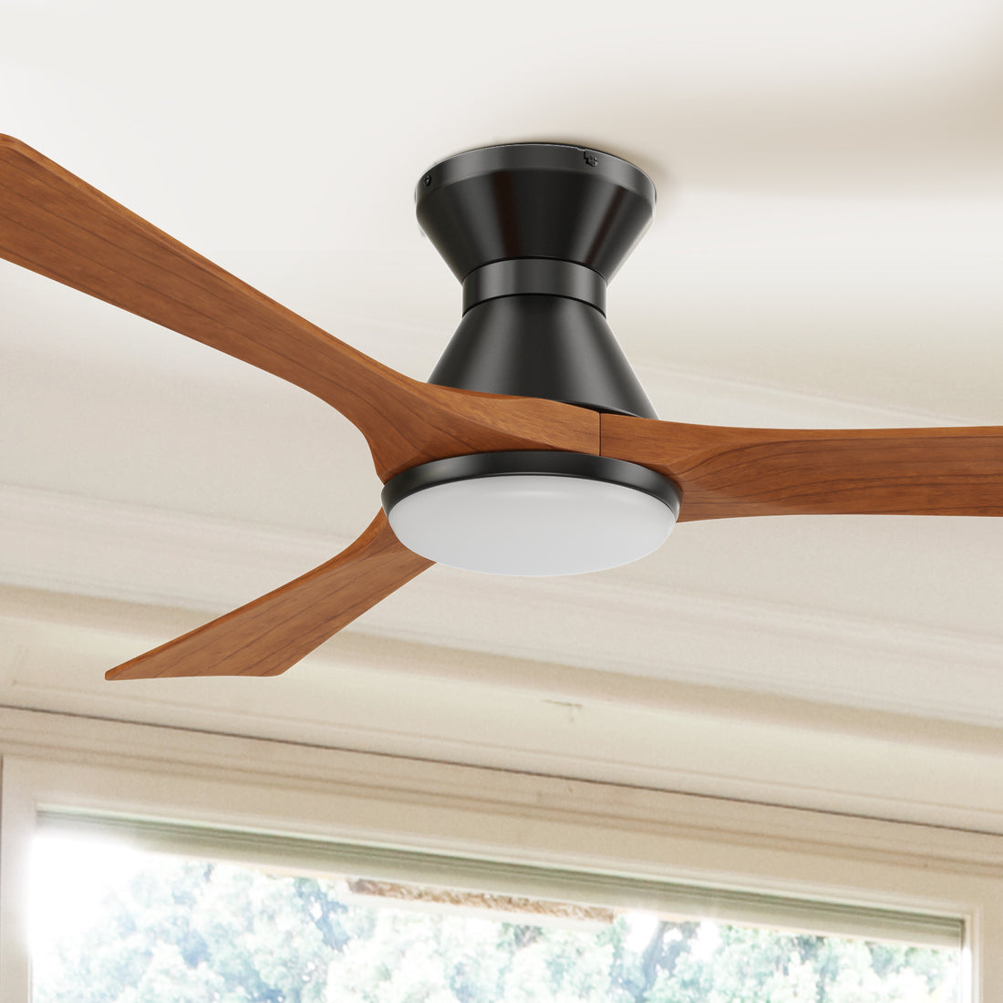 Carro Antrim 52 inch smart ceiling fan with light designs with black finish, use elegant solid wood blades and has an integrated 4000K LED daylight. 