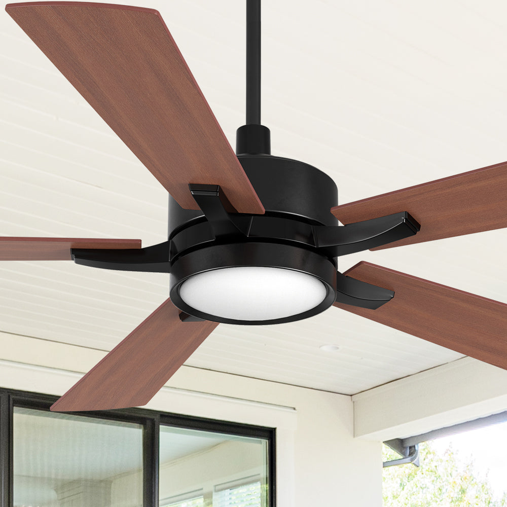 The Smafan Apex 56'' smart ceiling fan keeps your space cool, bright, and stylish. It is a soft modern masterpiece perfect for your large indoor living spaces. This Wifi smart ceiling fan is a simplicity designing with Black finish, use elegant Plywood blades and has an integrated 4000K LED daylight. #color_walnut-brazilian-cherry
