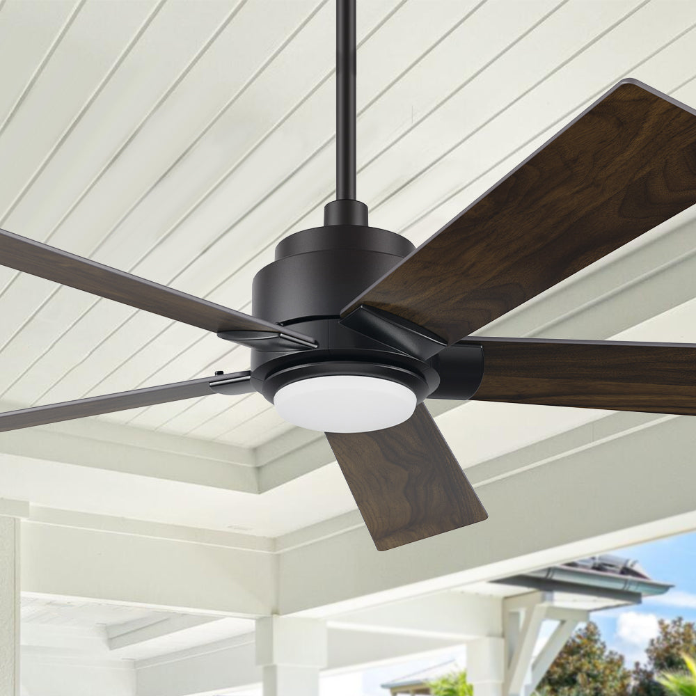 Smafan Carro Aspen 52 inch smart outdoor ceiling fan with LED light kit and 6-in downrod, dark wood design. #color_dark-wood