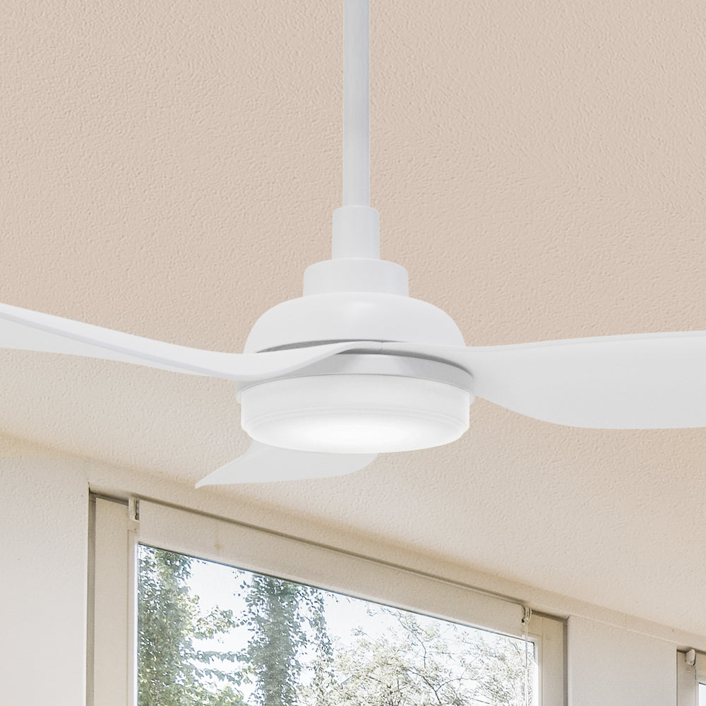Smafan Carro Daisy 45 inch outdoor google assistant fan with pure white blades design, downrod mounting in smart home’s living room.