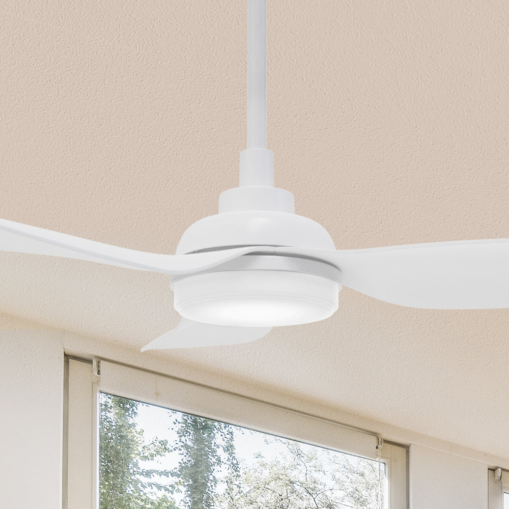 Smafan Carro Daisy 45 inch outdoor google assistant fan with pure white blades design, downrod mounting in smart home’s living room. 