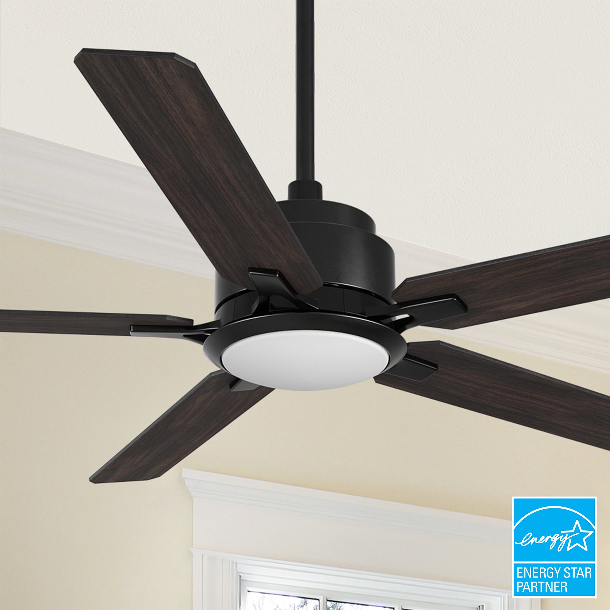 Smafan Essex 52 inch smart ceiling fan designs with black finish, elegant plywood blades and an integrated 4000K LED daylight. #color_dark-wood