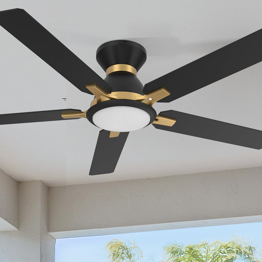 Smafan Essex 52 inch flush mount smart ceiling fans with light design with black finish, use elegant plywood blades, glass shade and has an integrated 4000K LED daylight. #color_Black-Gold