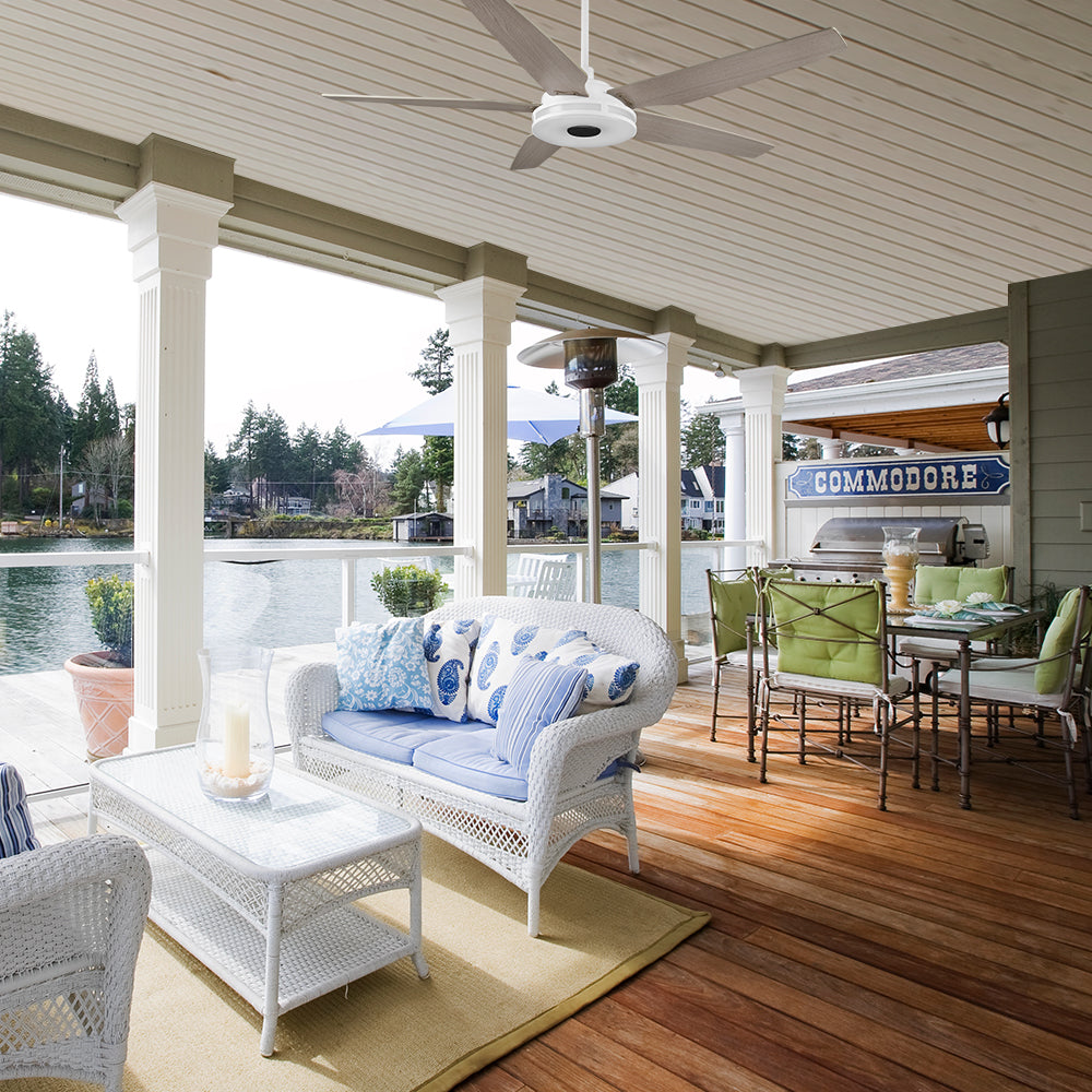 Smafan Carro Explorer 56 inch smart outdoor ceiling fan, 5 light wood fan blades design, 6/12 inch downrods included, installed in outdoor space. 