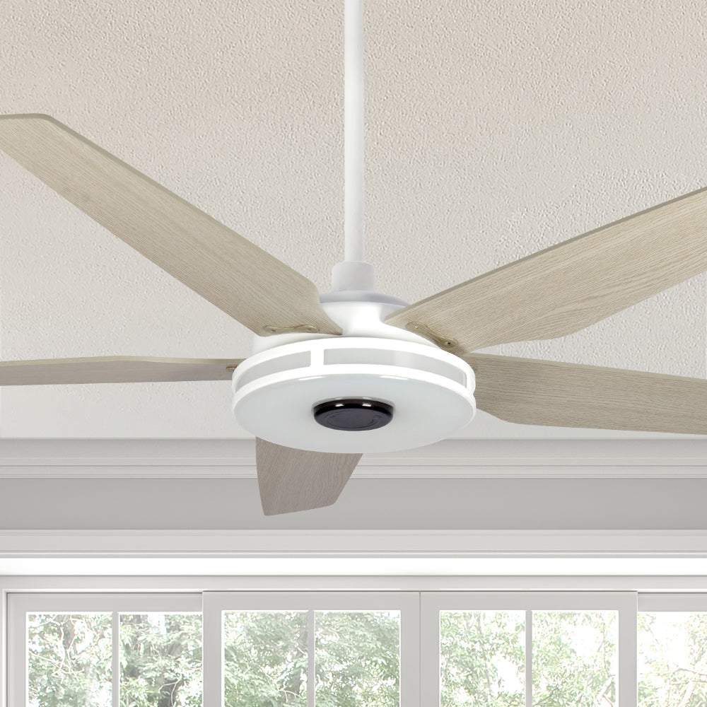 The Smafan Explorer 52 inch smart outdoor ceiling fan with dimmable integrated LED, 10-speed whisper-quiet DC motor. #color_White-Light-Wood