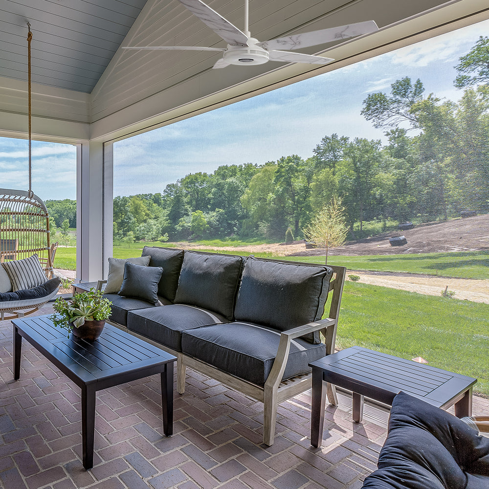 Smafan Carro Explorer 56 inch smart outdoor ceiling fan, 5 white fan blades design, 6/12 inch downrods included, mounting in a outdoor patio. 