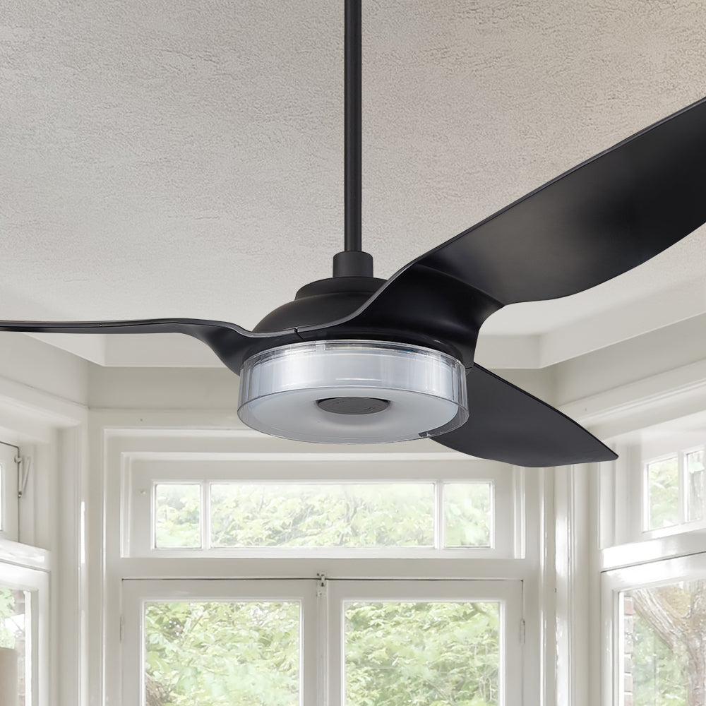 The Smafan 52'' Icebreaker smart fan delivers high and energy-efficient airflow in a sleek design. With dimmable integrated LED, 10-Speed whisper-quiet DC motor, available remote, phone app, and voice integration control, and airfoils in classic white or black or clear, Icebreaker helps you enjoy your better#color_black