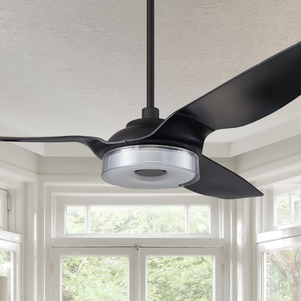The Smafan Icebreaker 60'' smart fan delivers high and energy-efficient airflow in a sleek design. With dimmable integrated LED, 10-Speed whisper-quiet DC motor, available remote, phone app, and voice integration control, and airfoils in classic white or black or clear, Icebreaker helps you enjoy your better life.#color_Black
