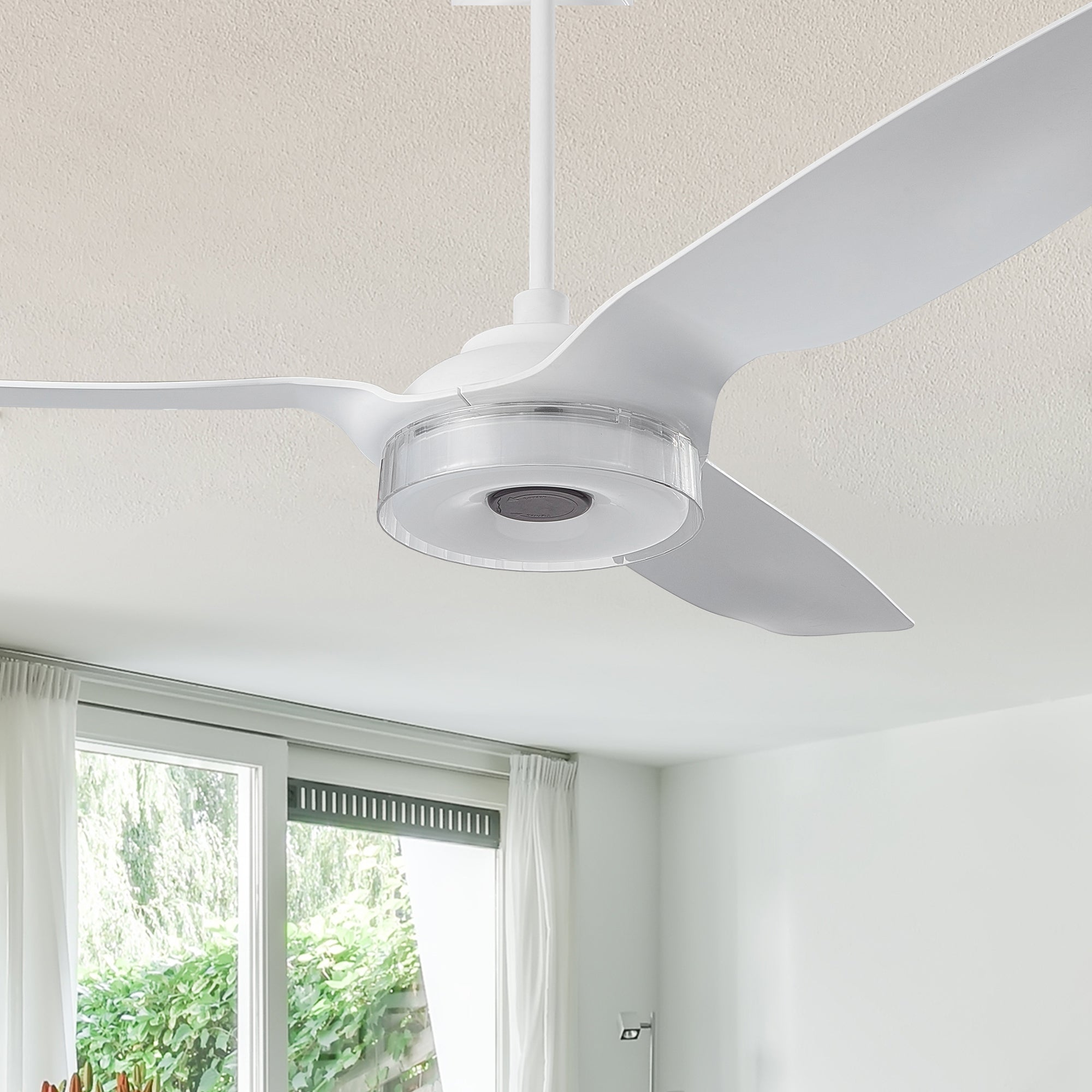 The Smafan Icebreaker 60'' Outdoor smart fan delivers high and energy-efficient airflow in a sleek design. With dimmable integrated LED, 10-Speed whisper-quiet DC motor, available remote, phone app, and voice integration control, and airfoils in classic white, Icebreaker helps you enjoy your better life.#color_White