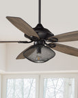 Carro Keller 56 inch ceiling fan with metal mesh lamp shade, light wood blades, and ornate blade connectors.