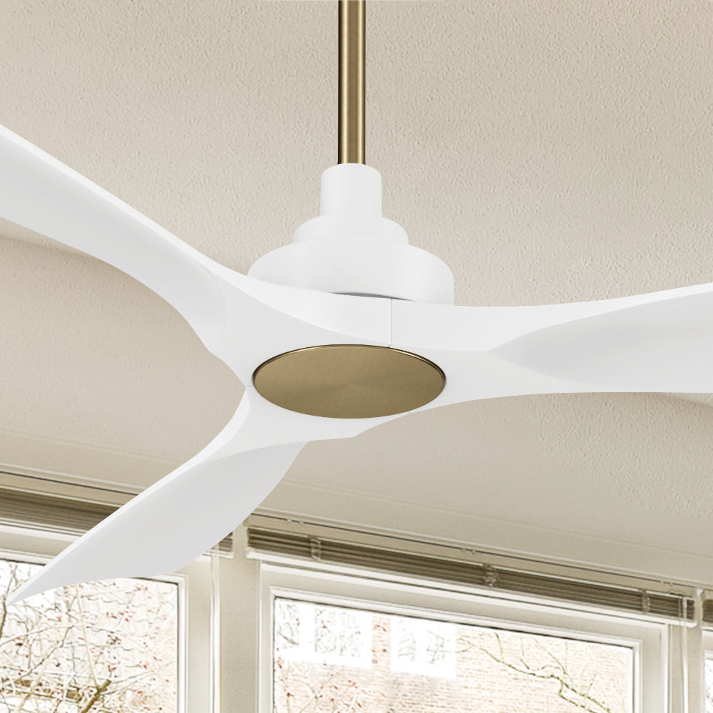 Smafan Carro Kilk 52 inch outdoor alexa fan with 3 white blades and gold motor design, downrod mounted in covered outdoor patio. 
