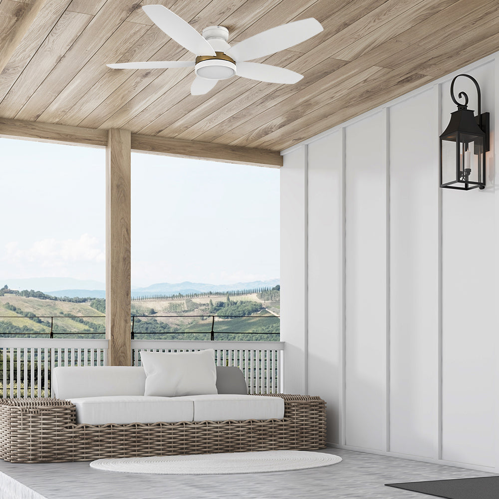 Smafan Carro Levi 48 inch outdoor ceiling Fan with light kit, 5 white plywood fan blades design, flush mount, installed in a house balcony. 