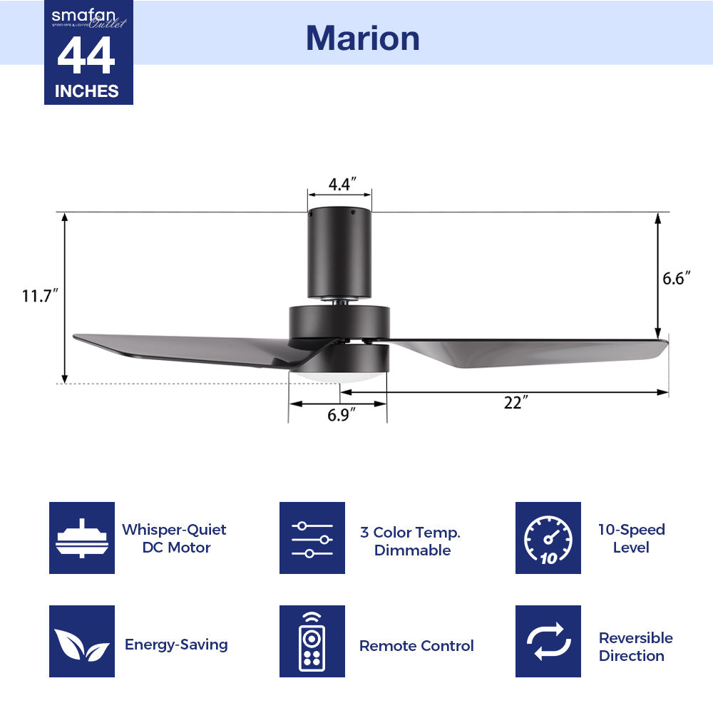 Modern black ceiling fan with dimmable light and whisper-quiet dc motor, featuring with remote controller and 10-speed selection. Design with low-profile, this 44inch also has 3-color temperature light for your choice. 