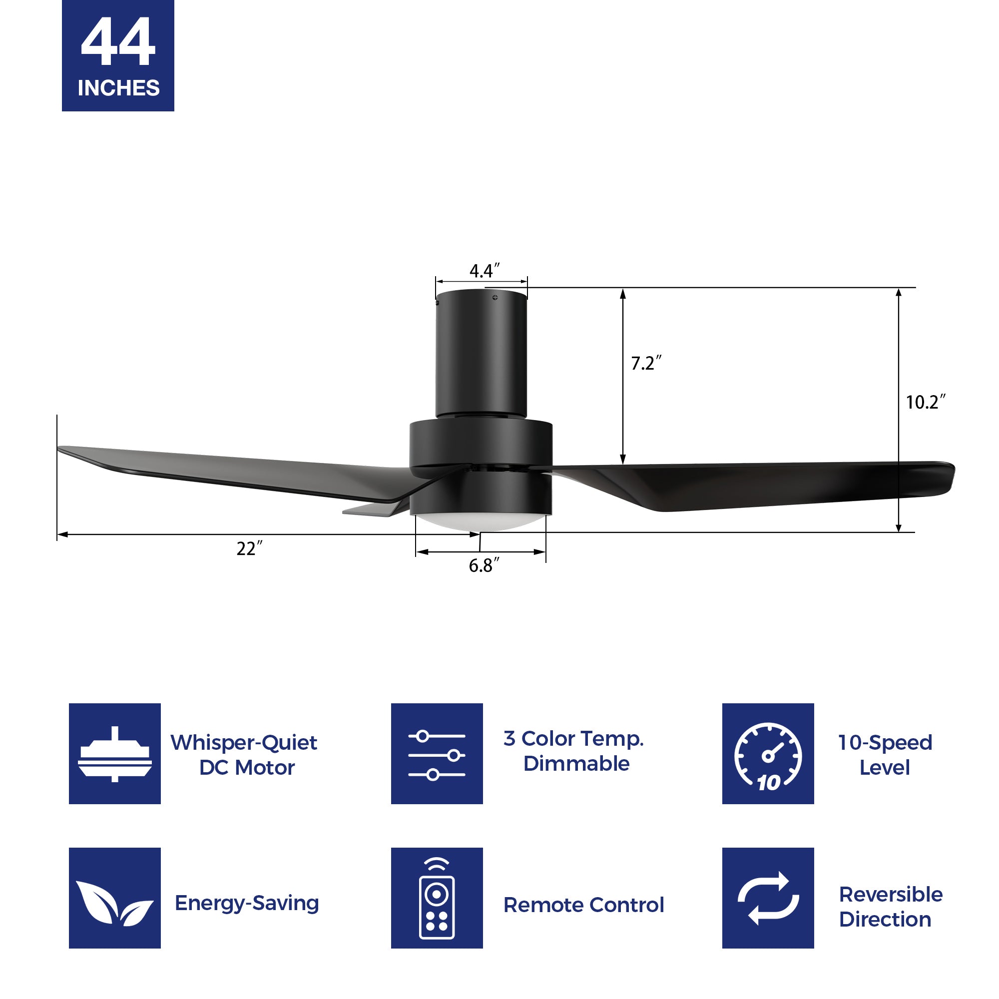 Modern black ceiling fan with dimmable light and whisper-quiet dc motor, featuring with remote controller and 10-speed selection. Design with low-profile, this 44inch also has 3-color temperature light for your choice. #color_black