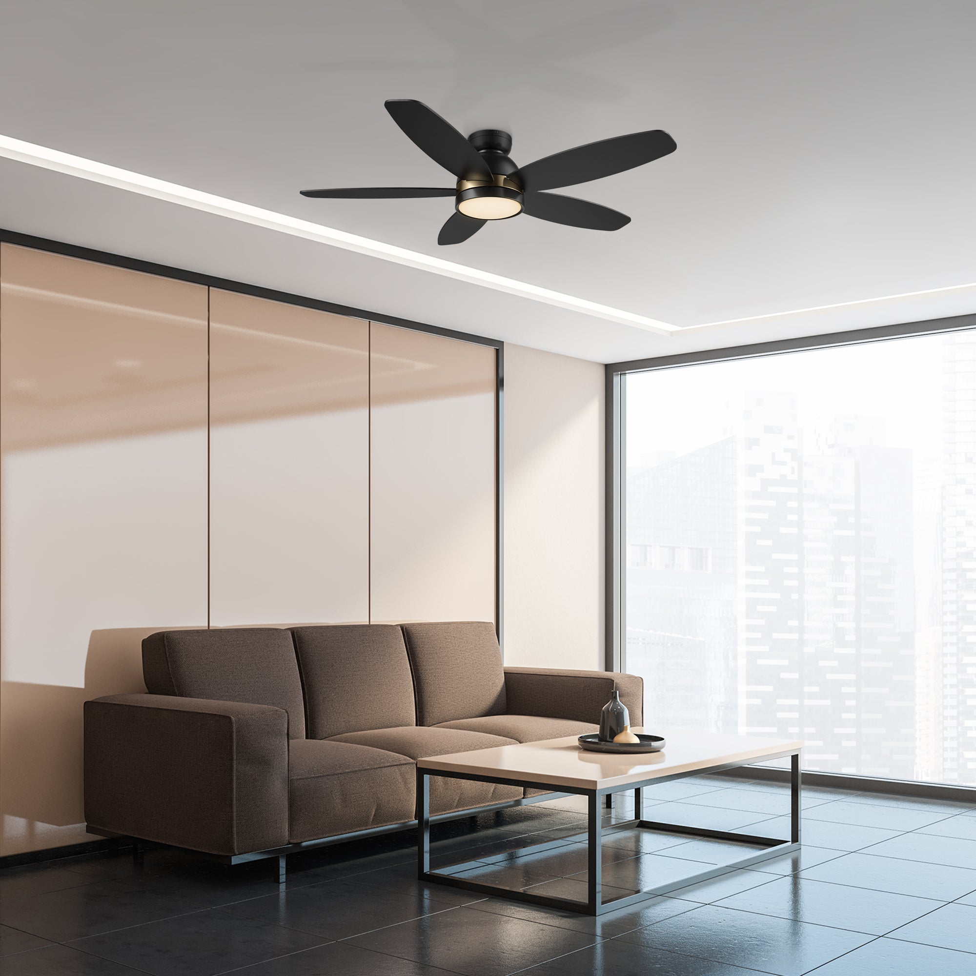 This Povjeta 48 inch ceiling fan keeps your space cool, bright, and stylish. It is a modern masterpiece perfect for your indoor living spaces. This ceiling fan features a sleek Black finish, elegant Plywood blades, and an integrated 4000K LED cool light. The fan also comes with a Remote control to set fan preferences. #color_black