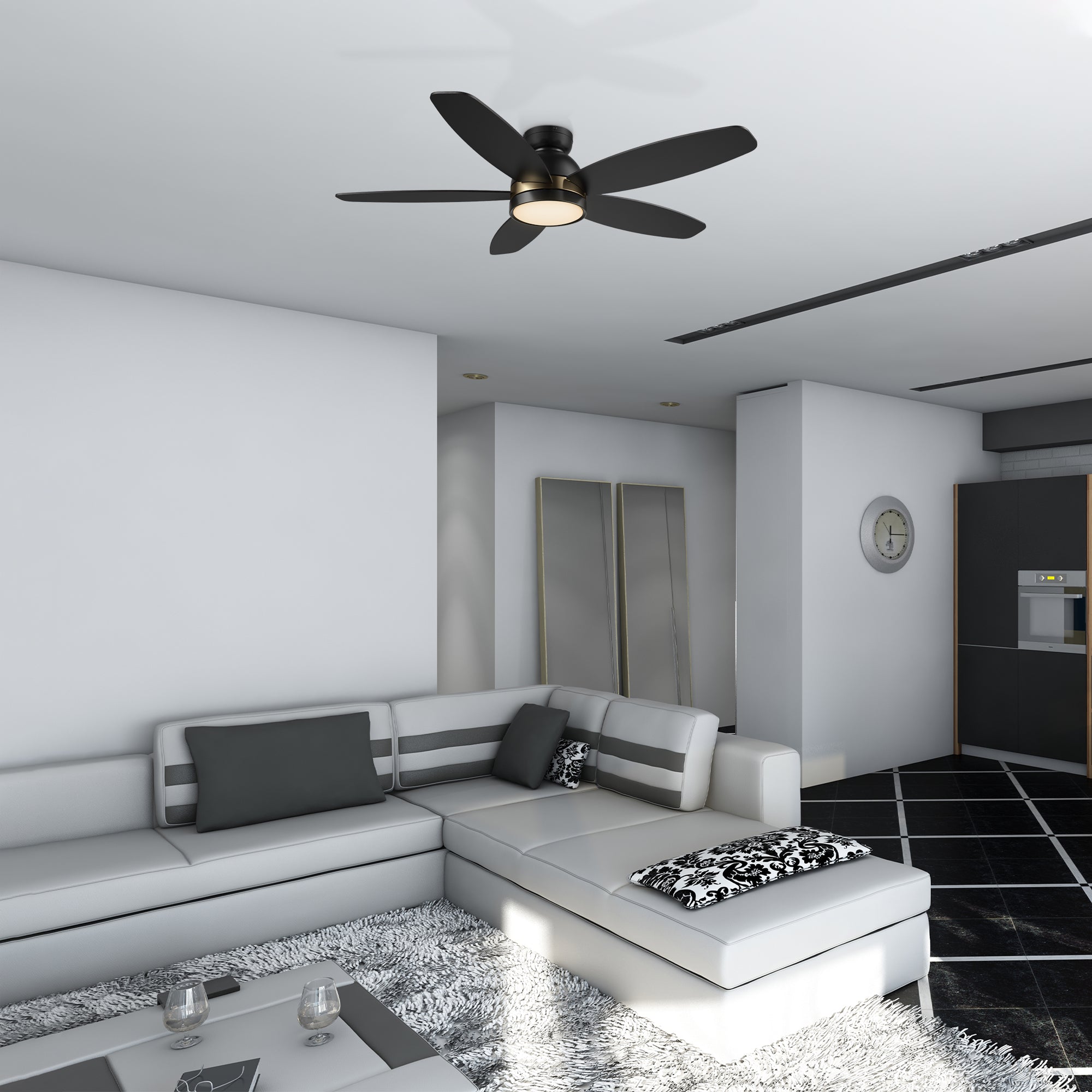 This Povjeta 48 inch ceiling fan keeps your space cool, bright, and stylish. It is a modern masterpiece perfect for your indoor living spaces. This ceiling fan features a sleek Black finish, elegant Plywood blades, and an integrated 4000K LED cool light. The fan also comes with a Remote control to set fan preferences. #color_black