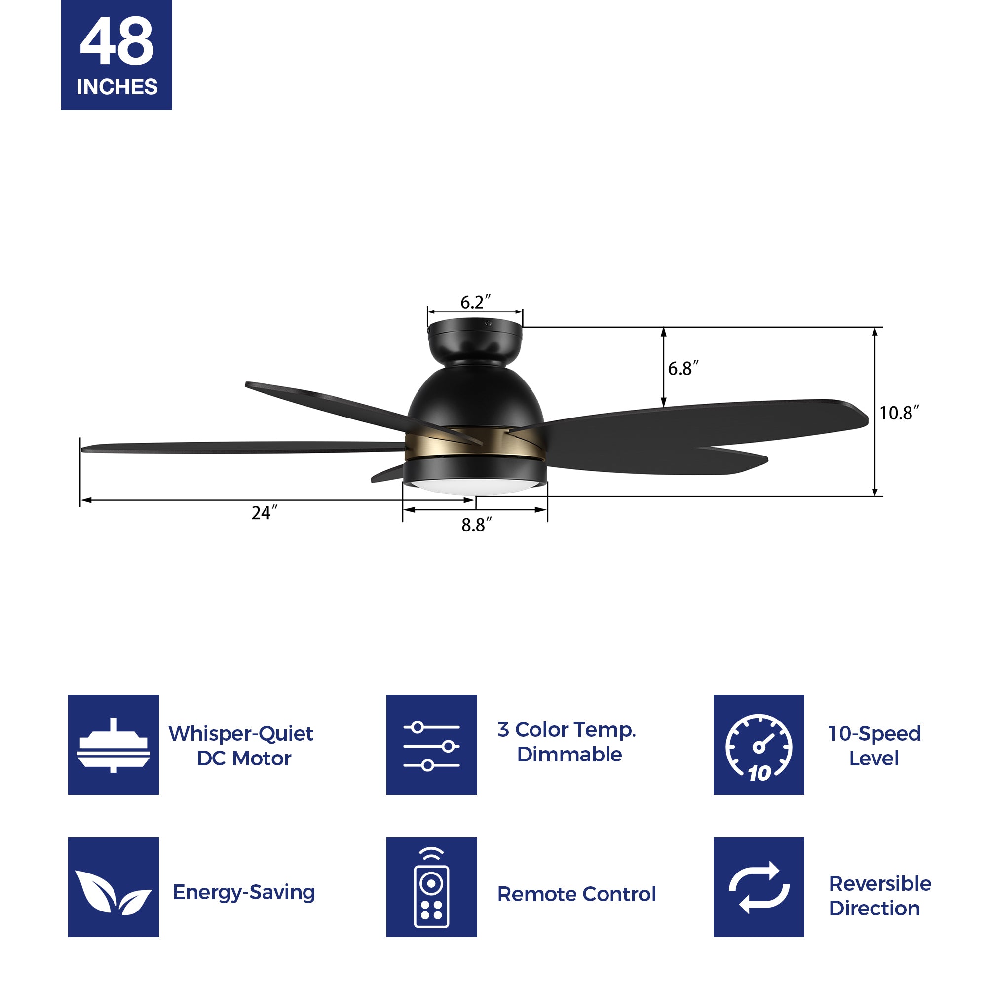 This Povjeta 48 inch ceiling fan keeps your space cool, bright, and stylish. It is a modern masterpiece perfect for your indoor living spaces. This ceiling fan features a sleek Black finish, elegant Plywood blades, and an integrated 4000K LED cool light. The fan also comes with a Remote control to set fan preferences. #color_black