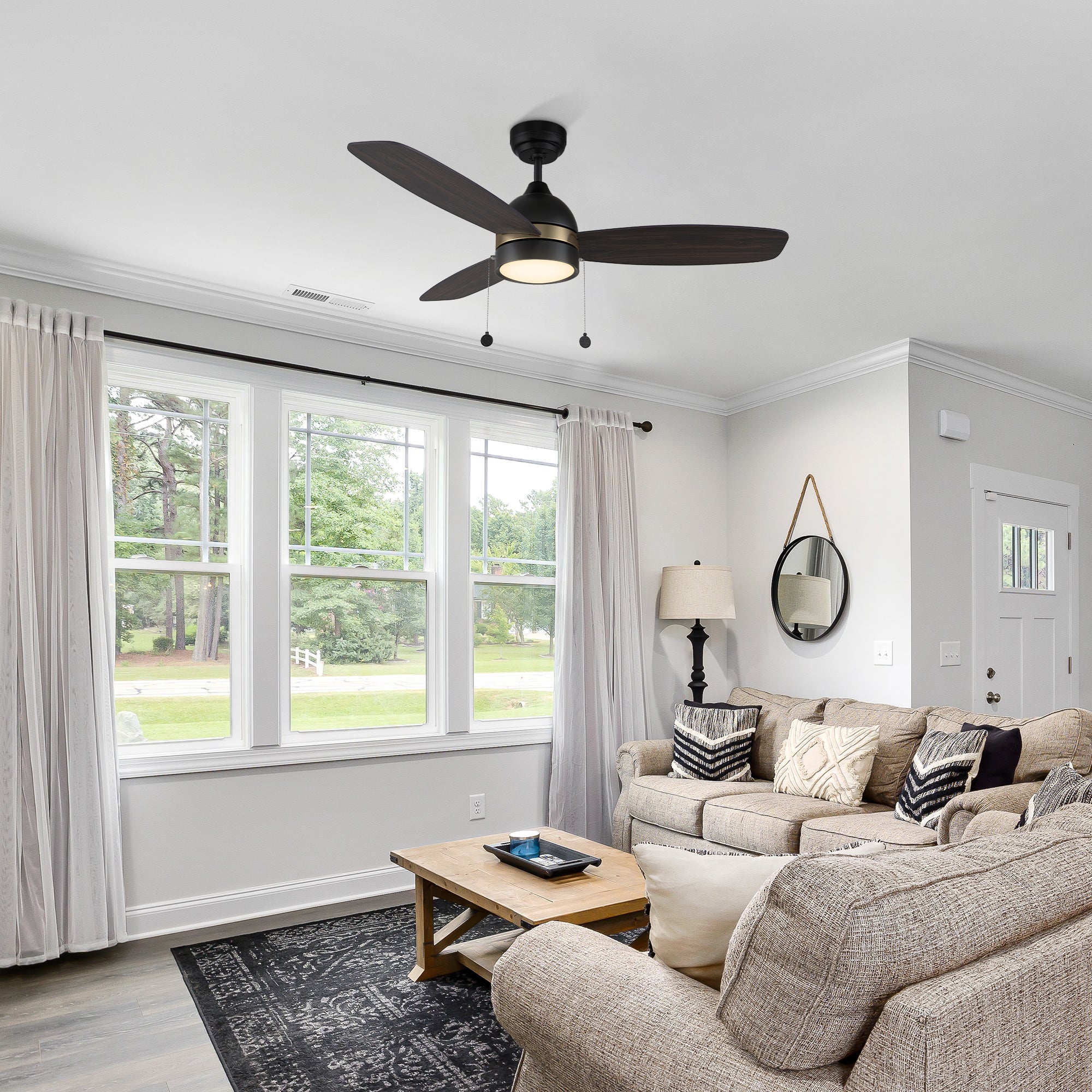 Convenient pull-chain operation for easy fan speed adjustment. Carro Tesoro 52 inch pull chain ceiling fan adds a touch of elegance and optimal air circulation to the living room. #color_Dark-Wood