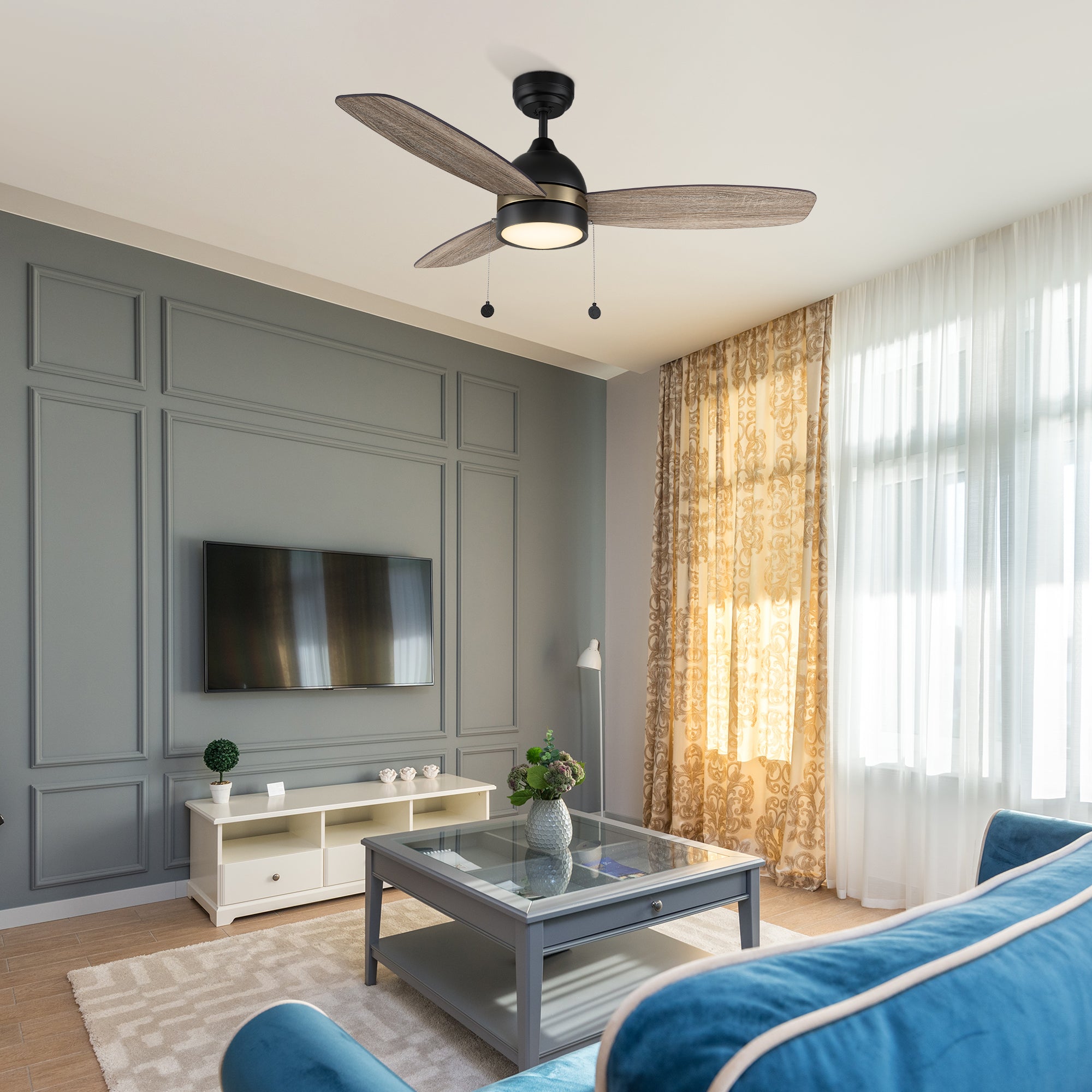Sleek and stylish design with a dark wood finish. Carro Tesoro 52 inch pull chain ceiling fan seamlessly blends with the room's aesthetics. #color_Dark-Wood