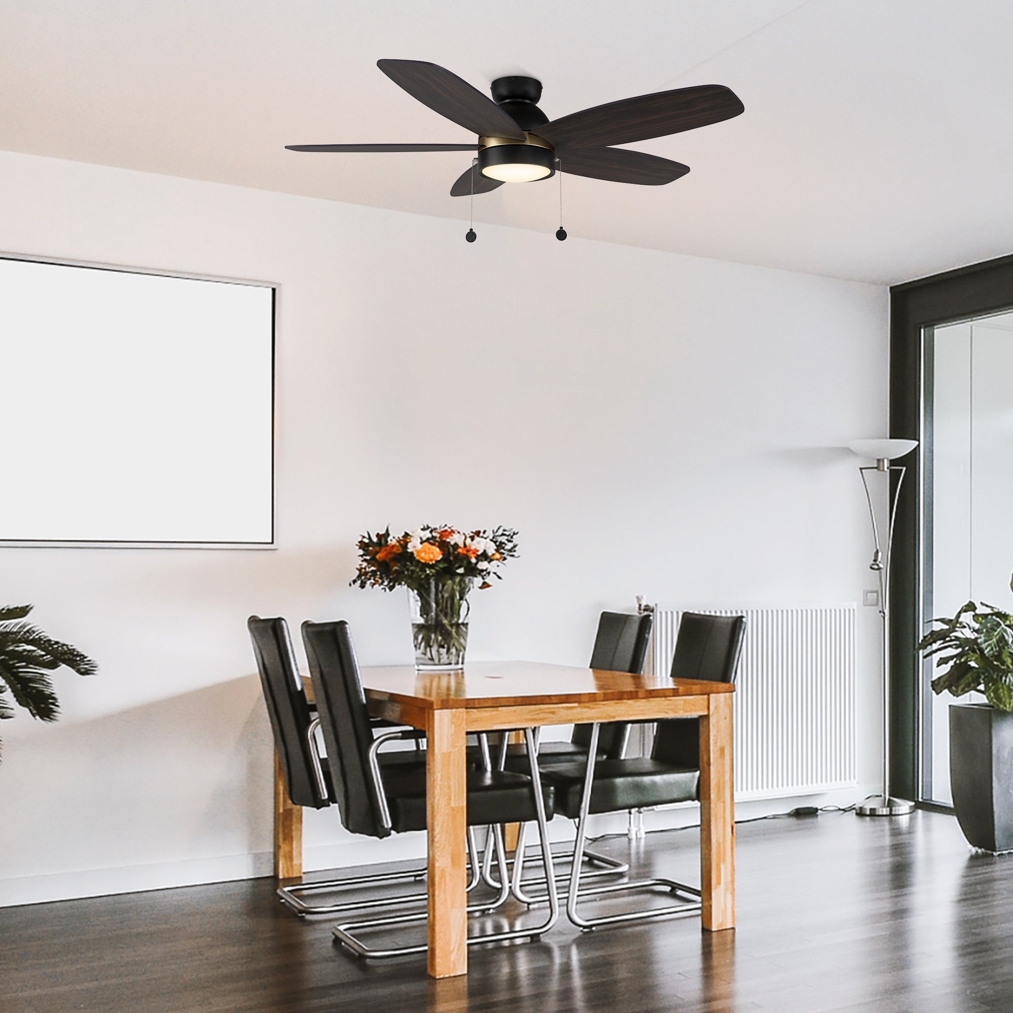 Refined dining room decor featuring the Treyton 52 inch Pull Chain Ceiling Fan with Light Kit. 