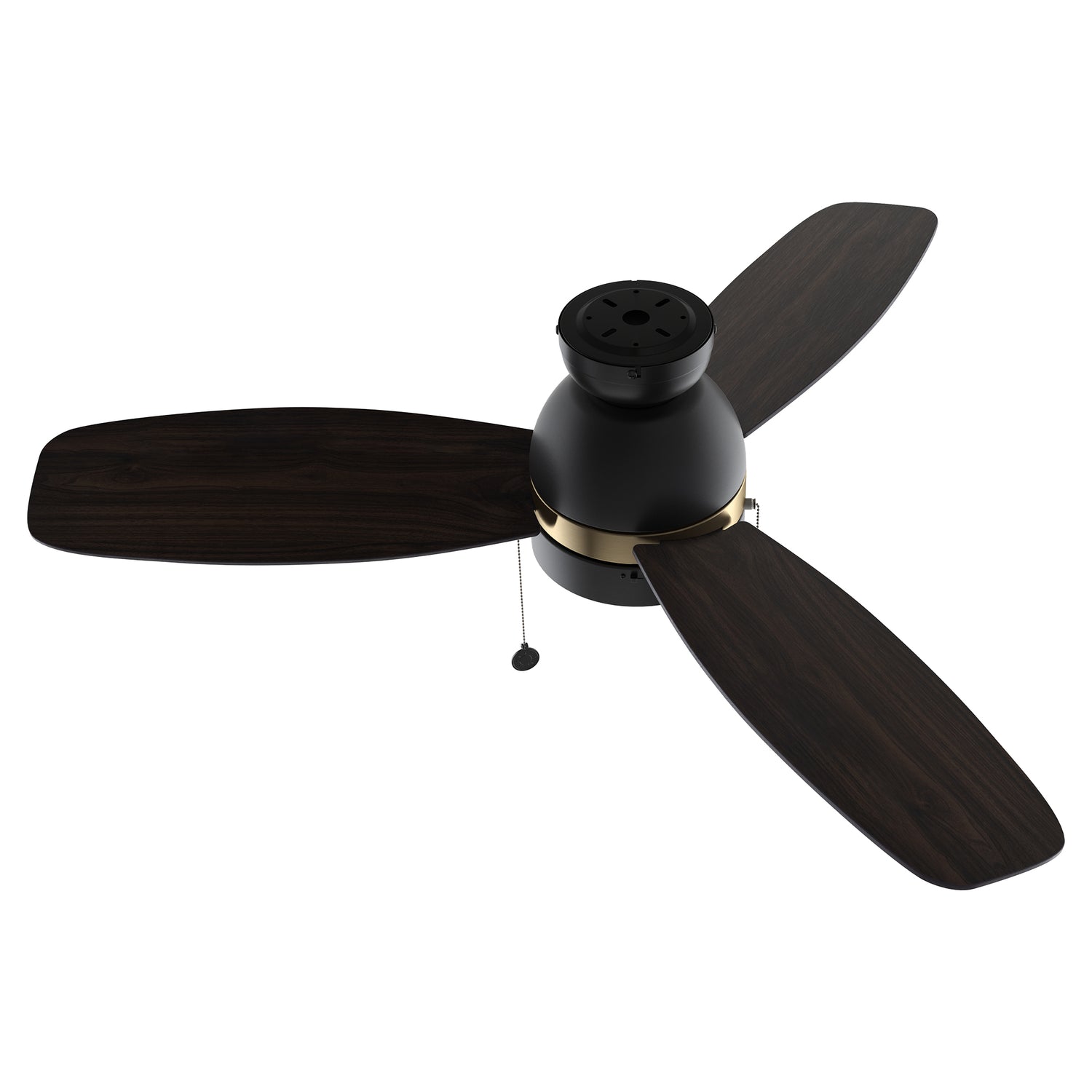 A close up detail of Carro Troyes 48 inch pull-chain ceiling fan, with Black and gold DC motor housing and 3 dark wood fan blades. 