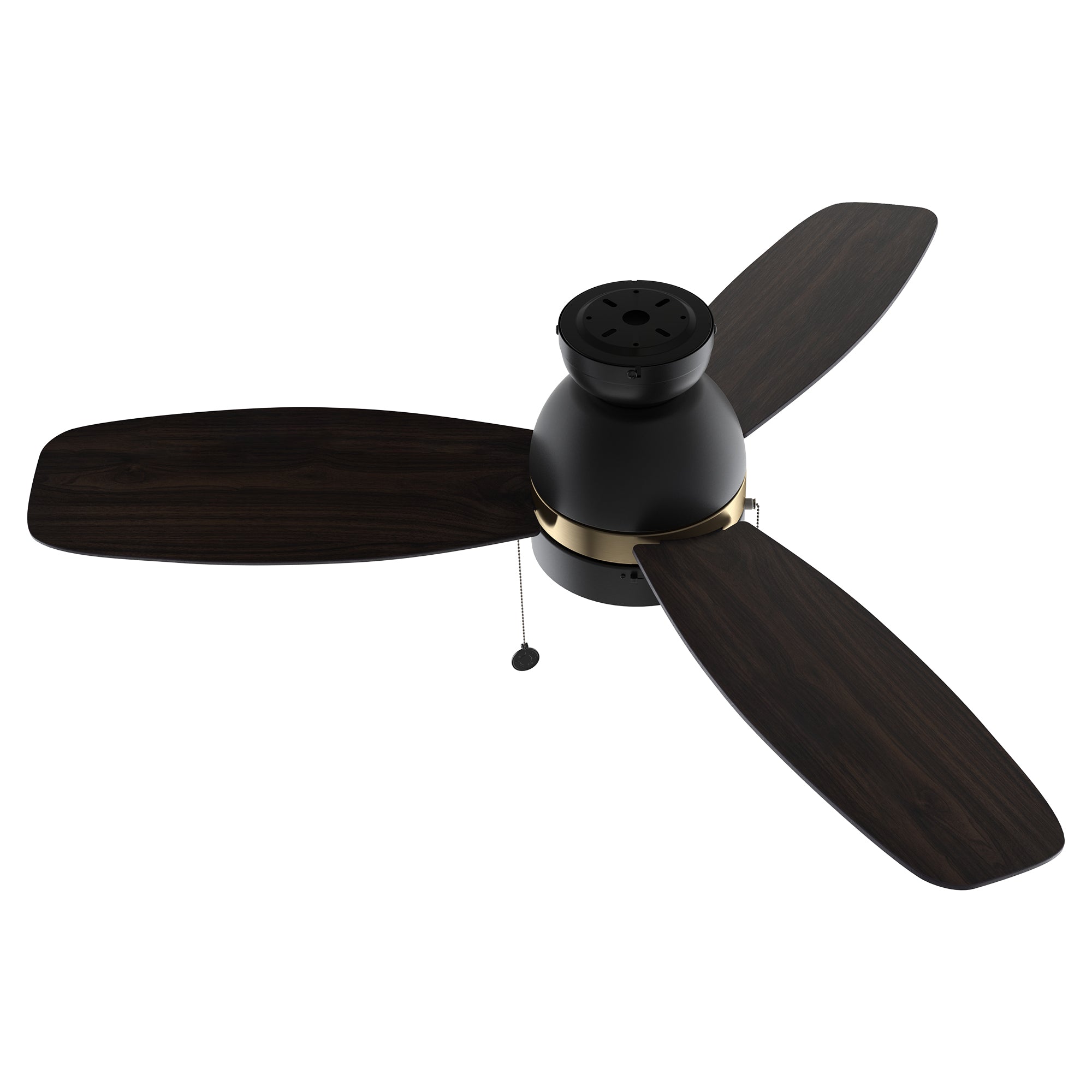 A close up detail of Carro Troyes 48 inch pull-chain ceiling fan, with Black and gold DC motor housing and 3 dark wood fan blades. #color_dark-wood