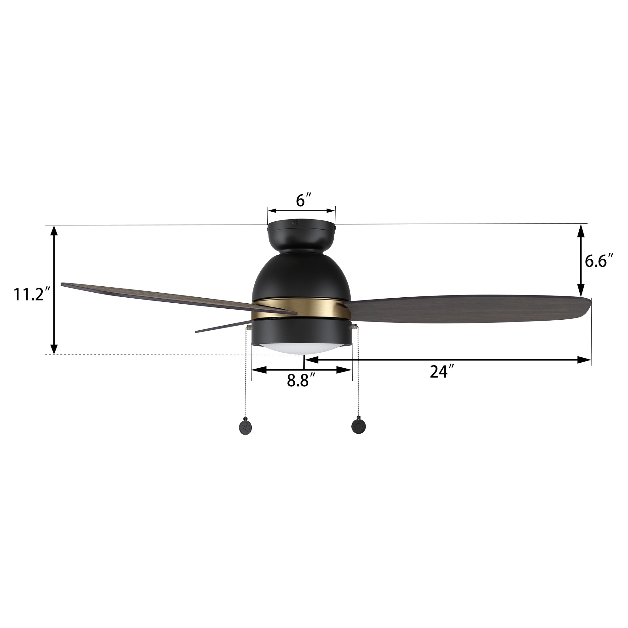 A size detail of Carro Troyes 48 inch pull-chain ceiling fan with light. #color_dark-wood