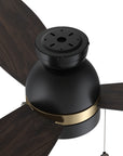 A close up detail of Carro Troyes 52 inch pull-chain ceiling fan, with Black and gold DC motor housing and 3 dark wood fan blades. 