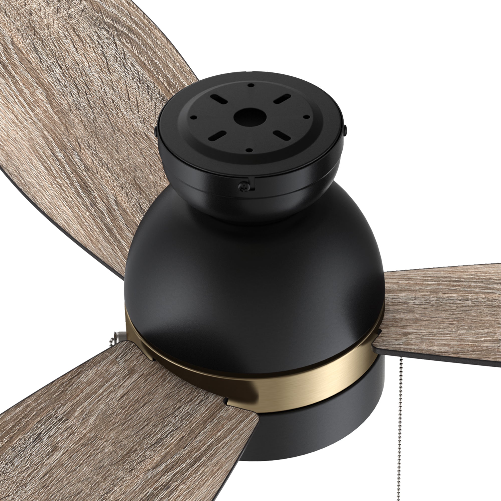 A close up detail of Carro Troyes 52 inch pull-chain ceiling fan, with Black and gold DC motor housing and 3 wood fan blades. 